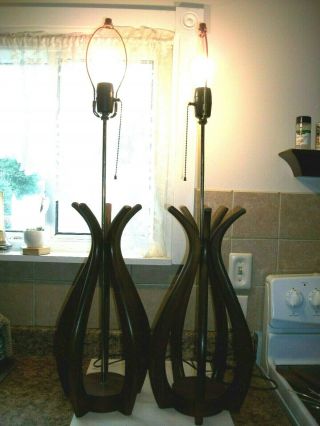 Set Of 2 Vintage Mid Century Modern Danish Wood Table Lamps