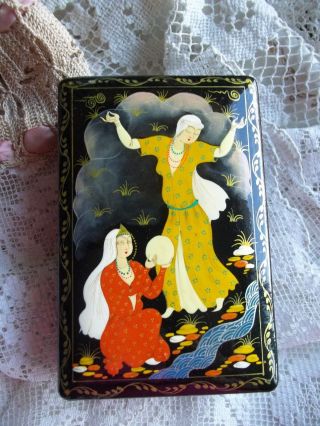 Box Trinket Jewelry Small Russian Black Red Laquer Painted Dancing Ladies Folk
