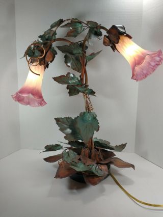 Vintage Tin Leaves Art Deco Goose Neck With Tiffany Style Lily Pad Lamp