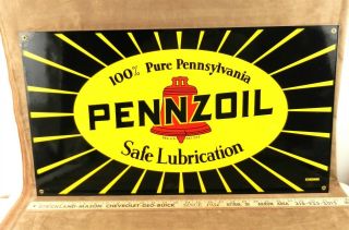 Pennzoil Porcelain Advertising Sign Safe Lubrication Made In Usa 27 " X 15 " T153