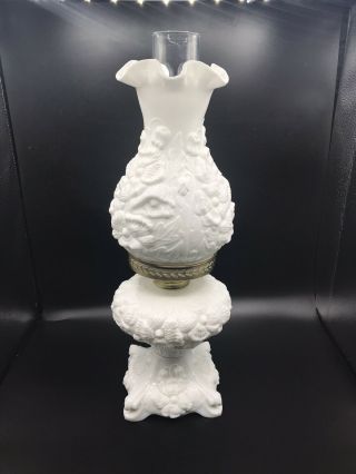 Fenton Milk Glass Poppy Lamp With Oil Burner,  Chimney And Vase Shade