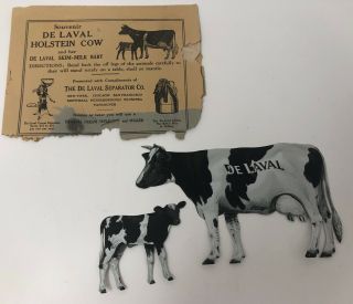 2 Vtg De Laval Advertising Tin Holstein Black White Cow Calf Skim Milk Standing