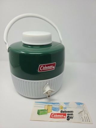 Vintage Coleman Green White 1 Gallon Drink Picnic Jug Cooler Water Dispenser