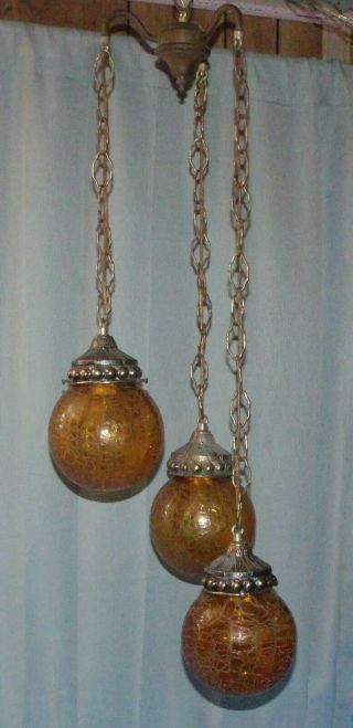 3 Globe Amber Crackle Glass Mid Century Hanging Swag Lamp Light