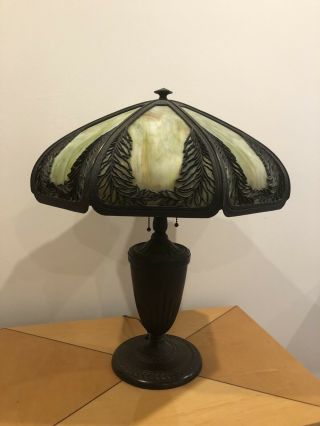Antique Table Lamp Slag Glass Curved 8 - Panel Overlay Shade