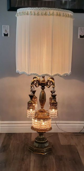 Mcm Hollywood Regency Brass Crystal Prisms Waterfall Table Lamp 50 " Large