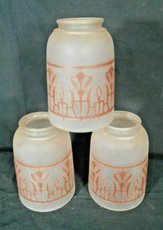 Set Of 3 Arts & Crafts Mission Frosted And Painted Glass Light Shades