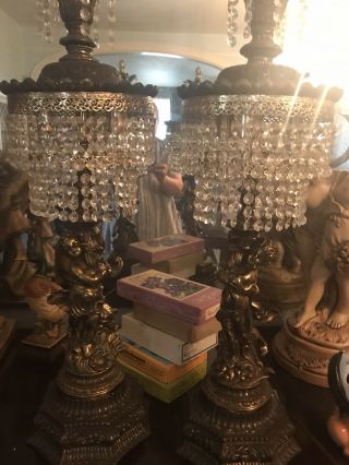 Pair Vtg Mcm Hollywood Regency Marble Cherub Crystal Fountain Shabby Table Lamps