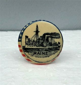 Us Battleship Maine Spanish - American War Pin 1898 Celluloid Pinback 7/8 "