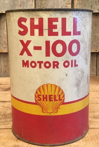 Vintage 5 Qt Shell X - 100 Motor Oil Tin Can Gas Service Station Sign