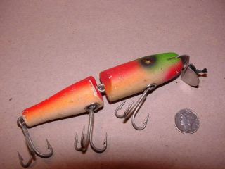 Vintage Creek Chub Jointed Pikie In Fire Plug - Wooden Fishing Lure,  Glass Eyes