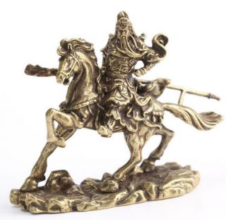 Brass Carved Guan Yu Guan Gong Warrior On Horse Statue Figurine Decor Gift