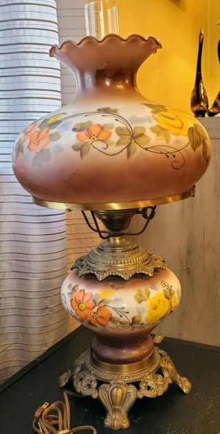 Vtg Antique Hand Painted Glass Hurricane Gone With The Wind Table Light Lamp