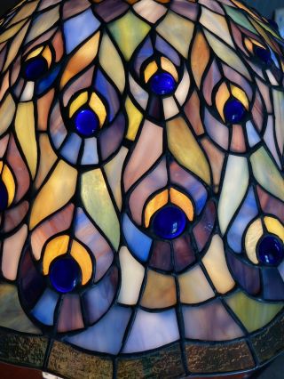 Tiffany Style Peacock Feather Stained Glass W/blue Jewels Shade Lamp