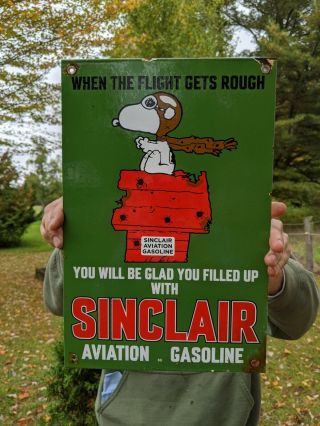 Old Vintage 1953 Sinclair Aviation Gasoline Porcelain Gas Pump Sign Snoopy