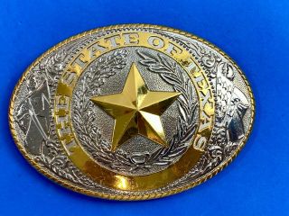 Huge,  Large The State Of Texas Lone Star Gold Silver Color Vintage Belt Buckle