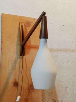 Mid Century Modern Teak Frosted Glass Teardrop Pendant Lamp Wall Hanging Sconce