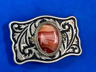 Western Real Or Faux Red Orange Stone Centerpiece Silver Black Color Belt Buckle
