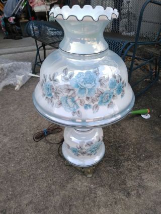 Vintage Huge 25 " Blue Roses Floral Hurricane " Gone With The Wind " Brass Lamp
