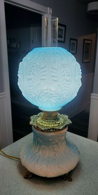 Blue Satin Gone With The Wind Parlor Lamp Embossed Floral
