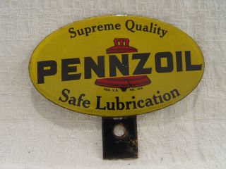 Old Pennzoil Motor Oil 2 Piece Porcelain Advertising License Plate Topper