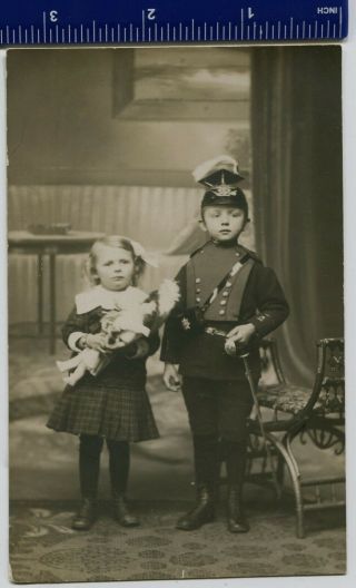 Vintage Photo Children With Toys,  Girl Doll,  Boy In Uniform Ulan Cavalry Regiment