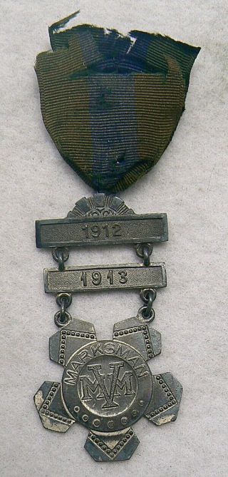 1912 - 1913 Mvm Sterling Silver Marksman Medal Massachusetts Volunteer Militia