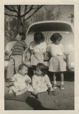 Vintage Photo Boy Girls Crying Baby Trying To Pose By Car Fun Group 1950s