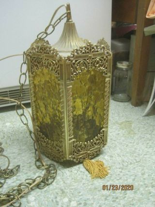 Vintage Swag Hanging Lamp With Amber Bubble Glass & Brass Shade
