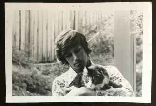 Vintage 70s Snapshot Photo Handsome Young Man Holding Fluffy Cat In His Arms