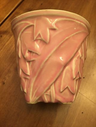 Vintage Mccoy Art Pottery Small Planter Pink Glaze Usa Spring Leaf Bud Tulips 3”