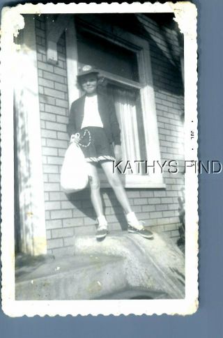 Found B&w Photo M,  8154 Girl In Shorts And Hat By Window,  House