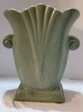 Vintage Haeger Vase Matte Green Glaze With Specks Double Handle Fan Vase