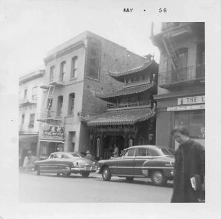 China Town Vernacular Street Scene Cars Shoppers Buddhist Temple Vtg 1956 Photo