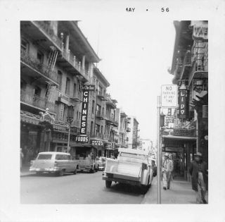 China Town Restaurants Street Scene Cars Shoppers Vernacular Vtg 1956 Photo