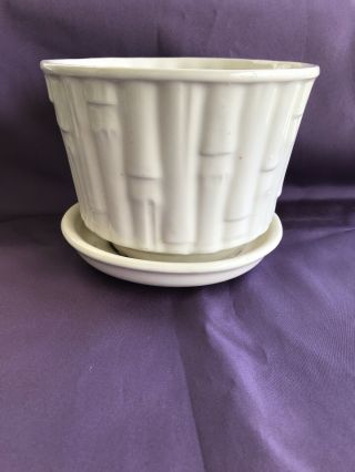 Vintage Large Mccoy Pottery Flower Pot Planter Bamboo Pattern In White