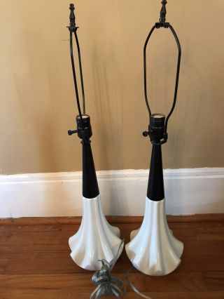 Mid Century Modern Table Lamps White Fluted Ceramic & Metal Neck