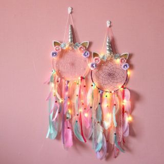 Feather Unicorn Dream Catcher With Light Kids Bedroom Wall Hanging Wedding Decor