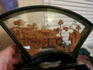 Vintage Chinese Carved Cork Diorama In Glass The Base Measures 7” X 2”
