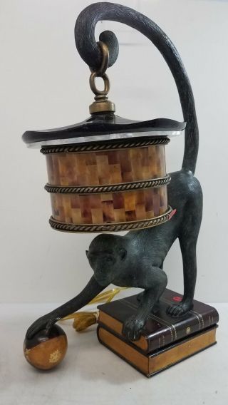 Maitland - Smith Verdigris Bronze Patina Monkey Lamp W/ Penshell Shade