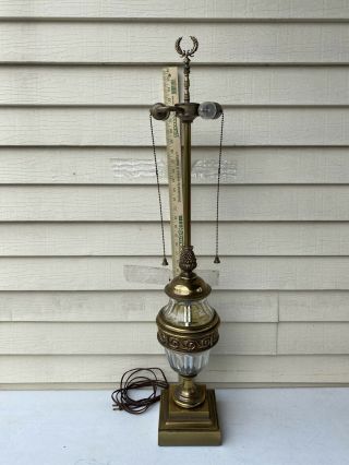 Vintage Stiffel Two Socket Chain Pull Table Lamp Brass & Glass Foil Label