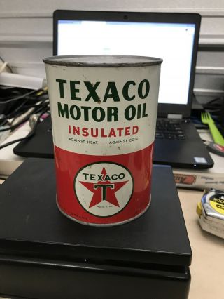 Vintage Texaco Motor Oil Insulated 1 Quart Metal Can Full Great Graphic