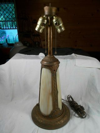 Tall Double Pullchain Socket Slag Glass Lighted Electric Table Lamp Base C1920s