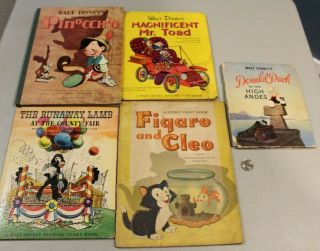5 Vtg Walt Disney Books Pinoocchio Runaway Lamb Mr Toad Figara And Cleo