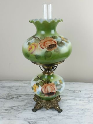 Green Hurricane Lamp Gwtw Hand Painted Floral Large 3 Way 23 "