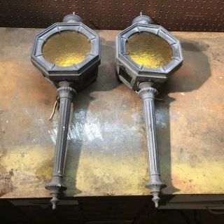 2 Vintage Thomas Industries Octagon Gothic Garage Entrance Lights Stain Glass 2