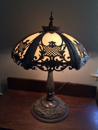 Vintage Art Nouveau 6 Panel Cream Curved Convex Slag Glass Table Lamp