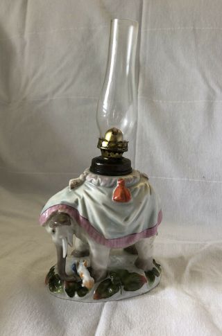 Rare Porcelain Figural Elephant Dog Oil Lamp Victorian Antique