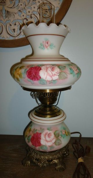Vintage Gone With The Wind Hurricane 3 Way Lamp Hand Painted Floral Roses 22 " A,