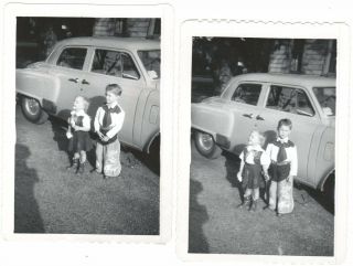 2 Vintage Photos 1949 Studebaker Champion Boy & Girl In Cowboy Cowgirl Outfits